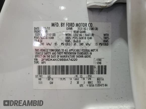 ✅ 2011 Ford Edge Limited • VIN: 2FMDK4KC9BBA74220 • Lot: 93197005. Listed on Copart with 162,235 mi. Free auction sales archive from the USA and detailed vehicle history report at DreamBid. Image 13.