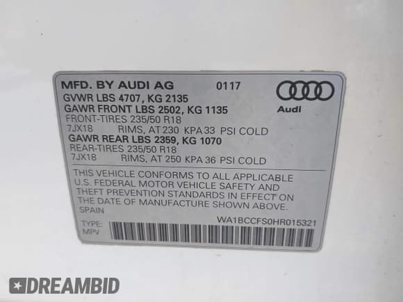 ✅ 2017 Audi Q3 Premium • VIN: WA1BCCFS0HR015321 • Lot: 43289182. Listed on IAAI with 108,590 mi. Free auction sales archive from the USA and detailed vehicle history report at DreamBid. Image 9.