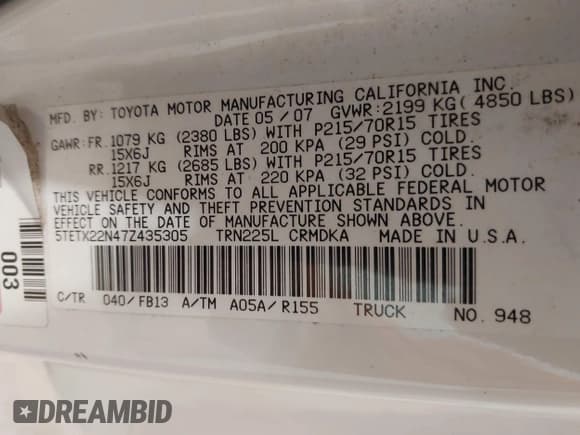 ✅ 2007 Toyota Tacoma • VIN: 5TETX22N47Z435305 • Lot: 43555195. Listed on IAAI with 259,801 mi. Free auction sales archive from the USA and detailed vehicle history report at DreamBid. Image 9.