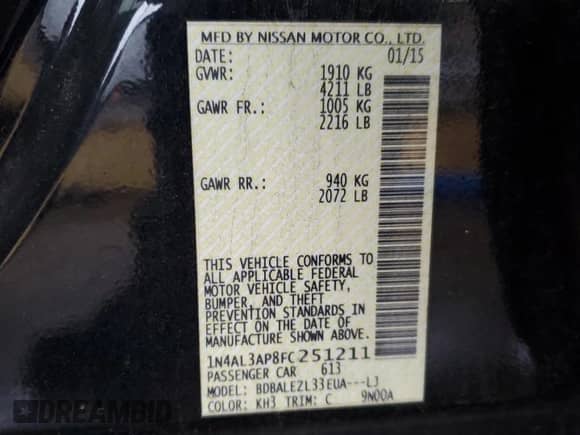 2015 Nissan Altima S with VIN 1N4AL3AP8FC251211, listed as a Copart auction lot 82722955 with 212,821 mi miles and Salvage title. Bid and sale history available at DreamBid. Image 12.