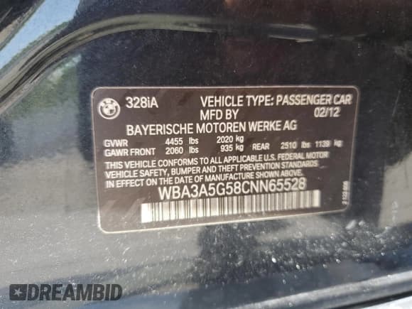 ✅ 2012 BMW 3 Series 328i • VIN: WBA3A5G58CNN65528 • Lot: 60551705. Listed on Copart with 102,630 mi. Free auction sales archive from the USA and detailed vehicle history report at DreamBid. Image 12.