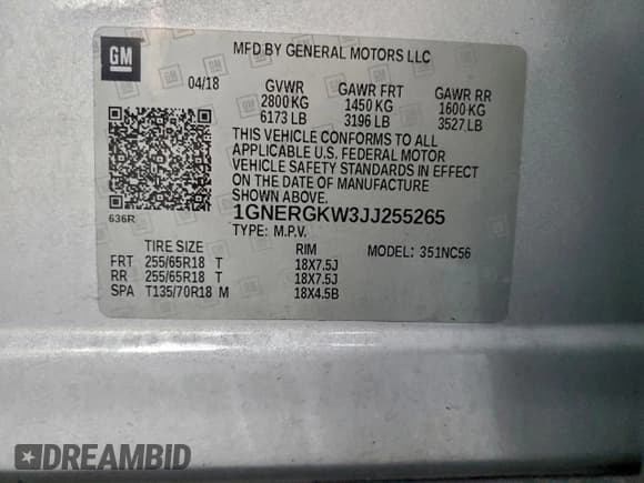 ✅ 2018 Chevrolet Traverse LT Cloth • VIN: 1GNERGKW3JJ255265 • Lot: 91240185. Listed on Copart with 118,696 mi. Free auction sales archive from the USA and detailed vehicle history report at DreamBid. Image 14.