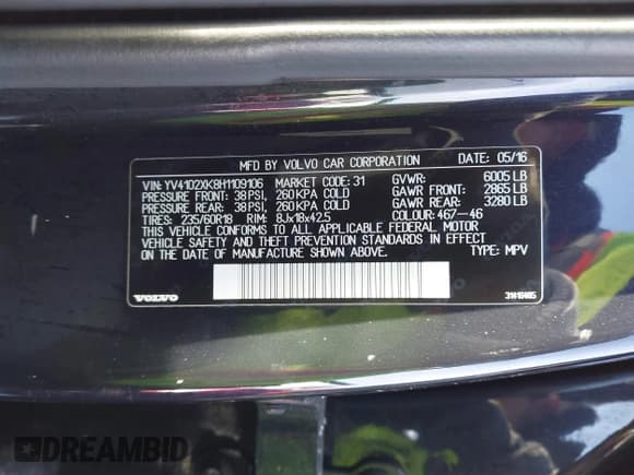 ✅ 2017 Volvo XC90 Momentum • VIN: YV4102XK8H1109106 • Lot: 41486173. Listed on IAAI with 99,060 mi. Free auction sales archive from the USA and detailed vehicle history report at DreamBid. Image 9.