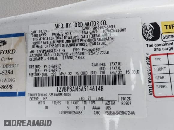 ✅ 2010 Ford Mustang V6 • VIN: 1ZVBP8AN5A5146148 • Lot: 43361975. Listed on IAAI with 91,063 mi. Free auction sales archive from the USA and detailed vehicle history report at DreamBid. Image 9.