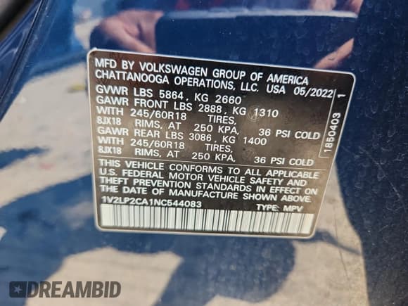 ✅ 2022 Volkswagen Atlas SE • VIN: 1V2LP2CA1NC544083 • Lot: 65024825. Wystawiony na Copart z przebiegiem 52 141 mil. Bezpłatny archiwum sprzedaży aukcyjnych z USA i szczegółowy raport historii pojazdu na DreamBid. Zdjęcie 13.