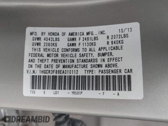 ✅ 2014 Honda Accord EX-L • VIN: 1HGCR3F89EA010112 • Lot: 43586051. Listed on IAAI with 96,316 mi. Free auction sales archive from the USA and detailed vehicle history report at DreamBid. Image 9.