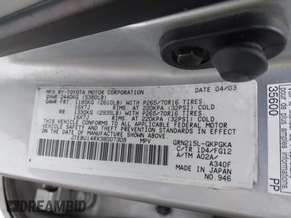 ✅ 2003 Toyota 4Runner SR5 • VIN: JTEBU14RX38007308 • Lot: 43729957. Listed on IAAI with 254,722 mi. Free auction sales archive from the USA and detailed vehicle history report at DreamBid. Image 9.