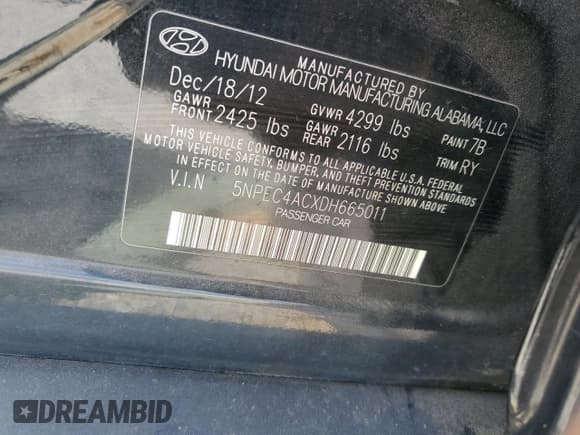 ✅ 2013 Hyundai Sonata SE • VIN: 5NPEC4ACXDH665011 • Lot: 69964684. Listed on Copart with 182,019 mi. Free auction sales archive from the USA and detailed vehicle history report at DreamBid. Image 12.