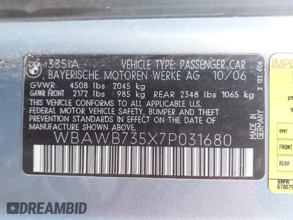 ✅ 2007 BMW 3 Series 335i • VIN: WBAWB735X7P031680 • Lot: 42852765. Listed on IAAI with 137,539 mi. Free auction sales archive from the USA and detailed vehicle history report at DreamBid. Image 9.