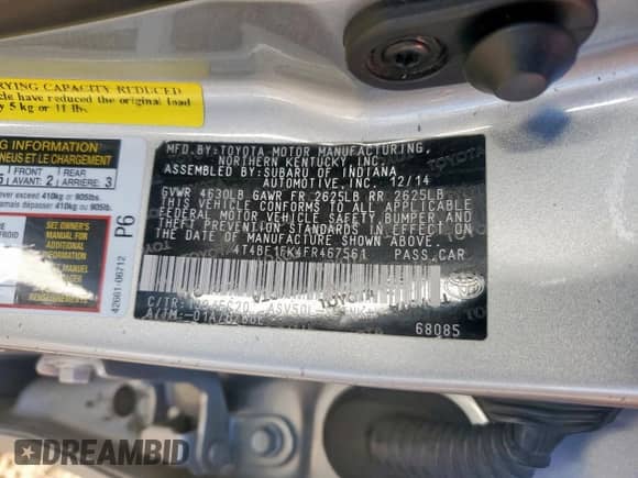 2015 Toyota Camry LE with VIN 4T4BF1FK4FR467561, listed as a Copart auction lot 90633485 with 183,799 mi miles and Clean title. Bid and sale history available at DreamBid. Image 12.