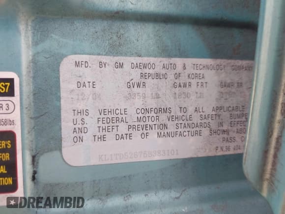 ✅ 2005 Chevrolet Aveo LS • VIN: KL1TD52675B383101 • Lot: 43508626. Wystawiony na IAAI z przebiegiem 163 716 mil. Bezpłatny archiwum sprzedaży aukcyjnych z USA i szczegółowy raport historii pojazdu na DreamBid. Zdjęcie 9.