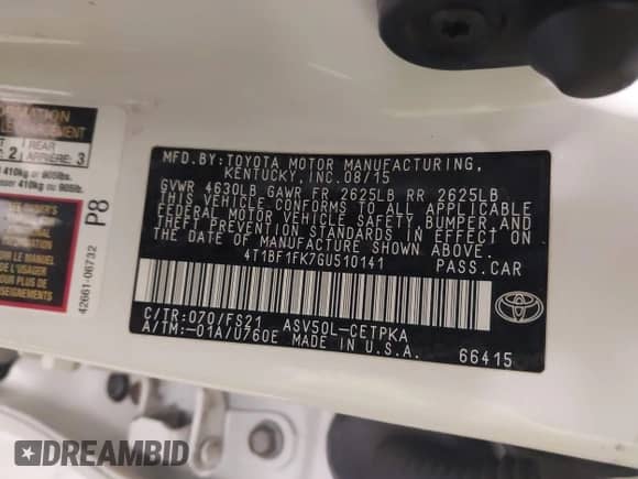 2016 Toyota Camry SE with VIN 4T1BF1FK7GU510141, listed as a IAAI auction lot 42377583 with 118,153 mi miles and . Bid and sale history available at DreamBid. Image 9.