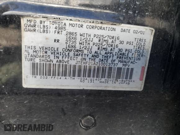 2001 Toyota Highlander с VIN JTEHF21A210013737, выставлен на аукционе Copart как лот 81693425 с пробегом Не указан миль и Чистый • Clean title. История ставок и продаж доступна на DreamBid. Изображение 12.