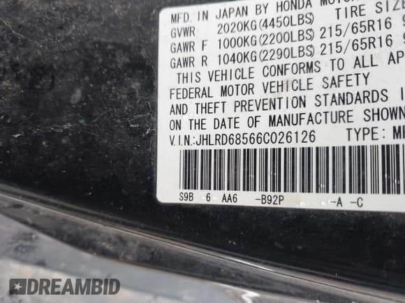 ✅ 2006 Honda CR-V LX • VIN: JHLRD68566C026126 • Lot: 43534283. Listed on IAAI with 152,536 mi. Free auction sales archive from the USA and detailed vehicle history report at DreamBid. Image 9.