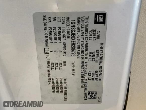 ✅ 2014 Chevrolet Suburban LT • VIN: 1GNSCJE0XER235725 • Лот: 84960925. Опубликован ранее на Copart с пробегом Не указан. Бесплатный доступ к архиву аукционных продаж из США и подробный отчёт об истории автомобиля на DreamBid. Изображение 13.