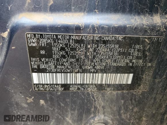 ✅ 2013 Toyota RAV4 Limited • VIN: 2T3DFREV5DW119916 • Lot: 85299205. Listed on Copart with 216,857 mi. Free auction sales archive from the USA and detailed vehicle history report at DreamBid. Image 13.