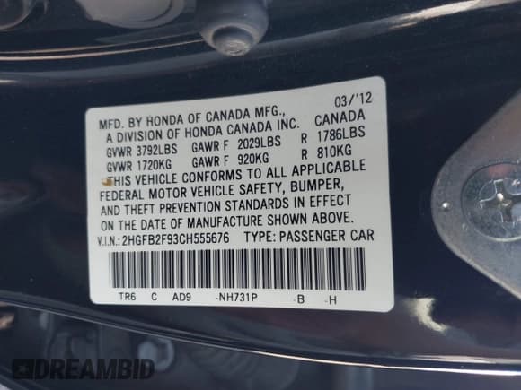 ✅ 2012 Honda Civic EX-L • VIN: 2HGFB2F93CH555676 • Lot: 43645737. Listed on IAAI with 134,196 mi. Free auction sales archive from the USA and detailed vehicle history report at DreamBid. Image 9.