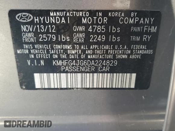 ✅ 2013 Hyundai Azera • VIN: KMHFG4JG6DA224829 • Lot: 71669555. Wystawiony na Copart z przebiegiem Nie podano. Bezpłatny archiwum sprzedaży aukcyjnych z USA i szczegółowy raport historii pojazdu na DreamBid. Zdjęcie 12.