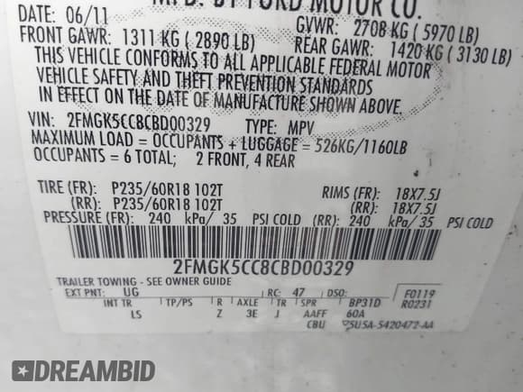 ✅ 2012 Ford Flex SEL • VIN: 2FMGK5CC8CBD00329 • Lot: 43586834. Listed on IAAI with 175,517 mi. Free auction sales archive from the USA and detailed vehicle history report at DreamBid. Image 9.