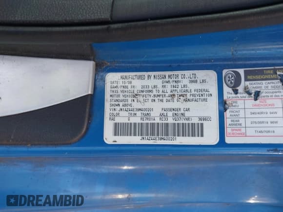 ✅ 2009 Nissan 370Z Touring • VIN: JN1AZ44E39M400201 • Lot: 41710283. Listed on IAAI with 245,735 mi. Free auction sales archive from the USA and detailed vehicle history report at DreamBid. Image 9.