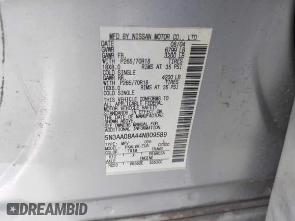 ✅ 2004 Infiniti QX56 • VIN: 5N3AA08A44N809589 • Лот: 41792702. Опубликован ранее на IAAI с пробегом Не указан. Бесплатный доступ к архиву аукционных продаж из США и подробный отчёт об истории автомобиля на DreamBid. Изображение 9.