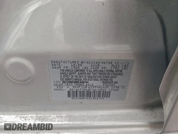 ✅ 2021 Nissan Versa SV • VIN: 3N1CN8EV6ML846744 • Lot: 94977625. Listed on Copart with 76,701 mi. Free auction sales archive from the USA and detailed vehicle history report at DreamBid. Image 12.