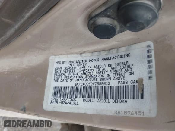 ✅ 1997 Toyota Corolla • VIN: 1NXBA02E2VZ589613 • Лот: 42502914. Опубликован ранее на IAAI с пробегом 218 590 миль. Бесплатный доступ к архиву аукционных продаж из США и подробный отчёт об истории автомобиля на DreamBid. Изображение 8.