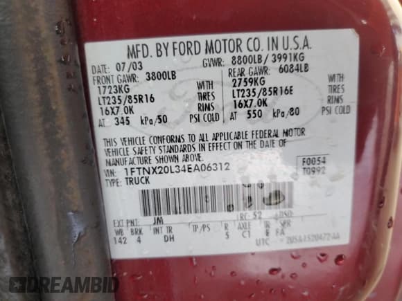 ✅ 2004 Ford F-250 XL • VIN: 1FTNX20L34EA06312 • Lot: 53779295. Listed on Copart with 315,600 mi. Free auction sales archive from the USA and detailed vehicle history report at DreamBid. Image 12.