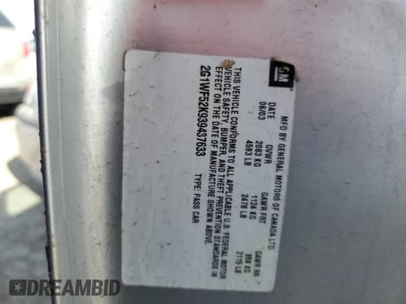 2003 Chevrolet Impala with VIN 2G1WF52K939437633, listed as a Copart auction lot 43604385 with 248,329 mi miles and Salvage title. Bid and sale history available at DreamBid. Image 13.