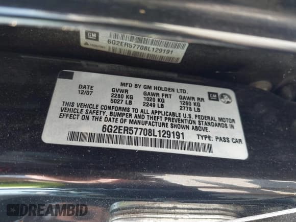 ✅ 2008 Pontiac G8 • VIN: 6G2ER57708L129191 • Lot: 42468013. Listed on IAAI with 133,134 mi. Free auction sales archive from the USA and detailed vehicle history report at DreamBid. Image 9.