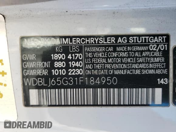 ✅ 2001 Mercedes-Benz CLK 320/430 • VIN: WDBLJ65G31F184950 • Лот: 80781964. Опубликован ранее на Copart с пробегом 168 602 миль. Бесплатный доступ к архиву аукционных продаж из США и подробный отчёт об истории автомобиля на DreamBid. Изображение 12.