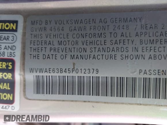 ✅ 2005 Volkswagen Passat GLS • VIN: WVWAE63B45P012379 • Lot: 43690425. Listed on IAAI with 225,570 mi. Free auction sales archive from the USA and detailed vehicle history report at DreamBid. Image 9.