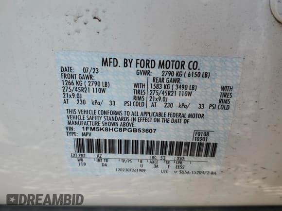 ✅ 2023 Ford Explorer Platinum • VIN: 1FM5K8HC8PGB53607 • Lot: 67311575. Listed on Copart with 16,106 mi. Free auction sales archive from the USA and detailed vehicle history report at DreamBid. Image 12.