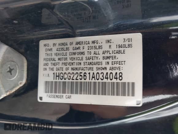 2001 Honda Accord EX с VIN 1HGCG22561A034048, выставлен на аукционе IAAI как лот 43006592 с пробегом 222 154 миль миль и . История ставок и продаж доступна на DreamBid. Изображение 9.