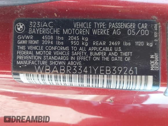 ✅ 2000 BMW 3 Series 323Ci • VIN: WBABR3341YEB39261 • Lot: 43332836. Wystawiony na IAAI z przebiegiem 185 297 mil. Bezpłatny archiwum sprzedaży aukcyjnych z USA i szczegółowy raport historii pojazdu na DreamBid. Zdjęcie 9.