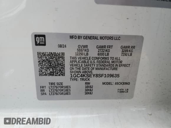 ✅ 2025 Chevrolet Silverado 3500 • VIN: 1GC4KSEY8SF109635 • Lot: 82003885. Listed on Copart with 12,357 mi. Free auction sales archive from the USA and detailed vehicle history report at DreamBid. Image 12.