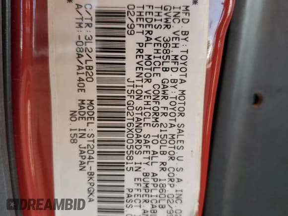 ✅ 1999 Toyota Celica GT • VIN: JT5FG02T6X0055815 • Lot: 86242505. Wystawiony na Copart z przebiegiem 243 796 mil. Bezpłatny archiwum sprzedaży aukcyjnych z USA i szczegółowy raport historii pojazdu na DreamBid. Zdjęcie 12.