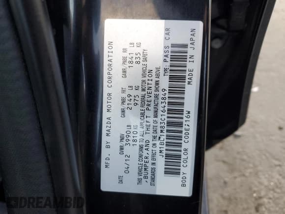 ✅ 2012 Mazda 3 i Grand Touring • VIN: JM1BL1M83C1643849 • Lot: 81997545. Listed on Copart with 86,234 mi. Free auction sales archive from the USA and detailed vehicle history report at DreamBid. Image 12.