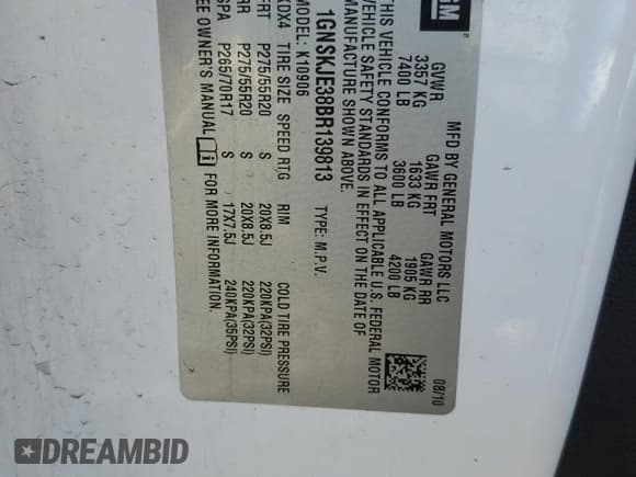 ✅ 2011 Chevrolet Suburban LT • VIN: 1GNSKJE38BR139813 • Lot: 82637335. Listed on Copart with 222,237 mi. Free auction sales archive from the USA and detailed vehicle history report at DreamBid. Image 13.