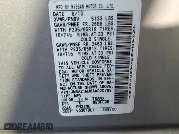 ✅ 2010 Nissan Murano LE • VIN: JN8AZ1MU6AW020799 • Лот: 64463865. Опубликован ранее на Copart с пробегом 120 177 миль. Бесплатный доступ к архиву аукционных продаж из США и подробный отчёт об истории автомобиля на DreamBid. Изображение 13.