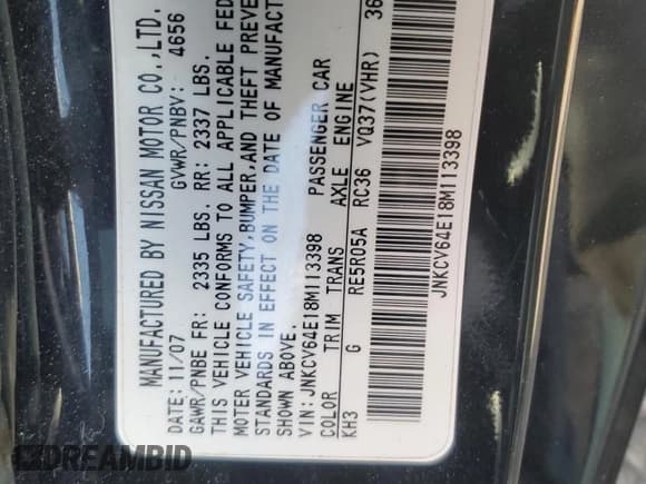 ✅ 2008 Infiniti G37 Journey • VIN: JNKCV64E18M113398 • Lot: 90671965. Listed on Copart with 204,887 mi. Free auction sales archive from the USA and detailed vehicle history report at DreamBid. Image 12.