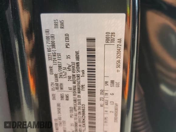 ✅ 2024 Ford F-150 XL • VIN: 1FTFW1L5XRKD98633 • Lot: 48317475. Listed on Copart with 2,054 mi. Free auction sales archive from the USA and detailed vehicle history report at DreamBid. Image 14.