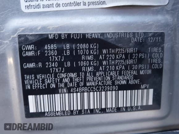 ✅ 2012 Subaru Outback Prem • VIN: 4S4BRBCC5C3239090 • Lot: 43664423. Listed on IAAI with 190,571 mi. Free auction sales archive from the USA and detailed vehicle history report at DreamBid. Image 9.