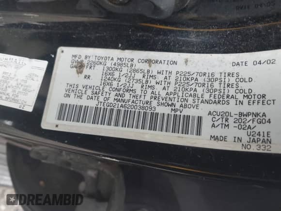 2002 Toyota Highlander z VIN JTEGD21A620038093, wystawiony jako IAAI lot #42303785 z przebiegiem 205 743 mil mil oraz . Historia ofert i sprzedaży dostępna na DreamBid. Obrazek 9.