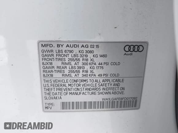 ✅ 2015 Audi Q7 Premium Plus • VIN: WA1LGAFE8FD017092 • Lot: 42073593. Listed on IAAI with 105,593 mi. Free auction sales archive from the USA and detailed vehicle history report at DreamBid. Image 9.