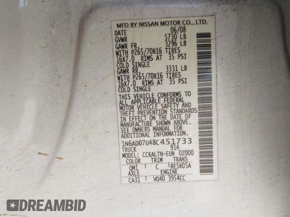 ✅ 2008 Nissan Frontier SE • VIN: 1N6AD07U48C451733 • Lot: 43896353. Listed on IAAI with 184,799 mi. Free auction sales archive from the USA and detailed vehicle history report at DreamBid. Image 9.