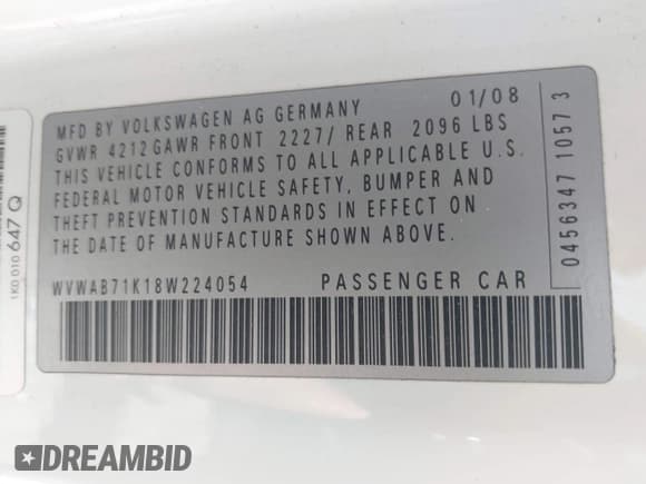 ✅ 2008 Volkswagen Rabbit S • VIN: WVWAB71K18W224054 • Lot: 42473983. Listed on IAAI with 168,292 mi. Free auction sales archive from the USA and detailed vehicle history report at DreamBid. Image 9.