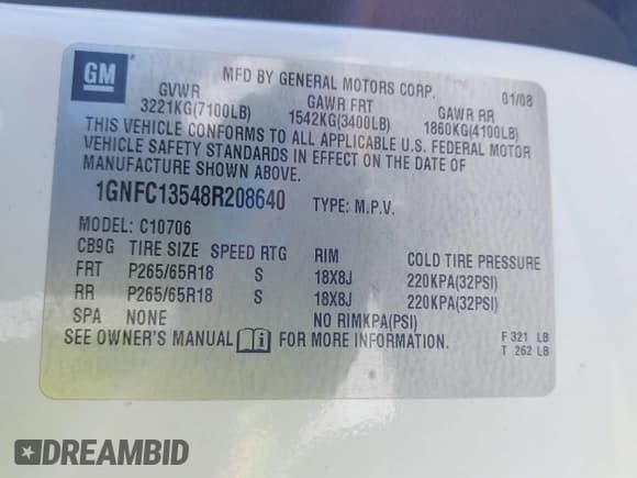 ✅ 2008 Chevrolet Tahoe • VIN: 1GNFC13548R208640 • Лот: 43476657. Опубликован ранее на IAAI с пробегом 144 722 миль. Бесплатный доступ к архиву аукционных продаж из США и подробный отчёт об истории автомобиля на DreamBid. Изображение 9.