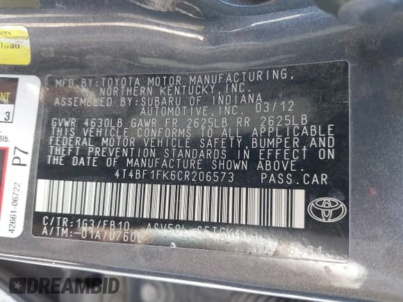 ✅ 2012 Toyota Camry LE • VIN: 4T4BF1FK6CR206573 • Lot: 43694192. Listed on IAAI with 254,520 mi. Free auction sales archive from the USA and detailed vehicle history report at DreamBid. Image 9.