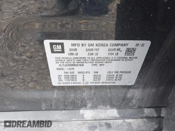 ✅ 2021 Chevrolet Trax LS • VIN: KL7CJKSB9MB321840 • Lot: 43265706. Listed on IAAI with 76,342 mi. Free auction sales archive from the USA and detailed vehicle history report at DreamBid. Image 9.